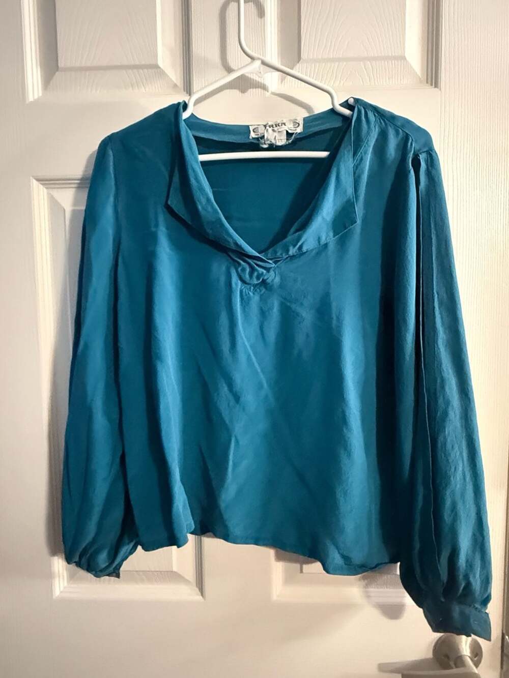 Irka Vintage 100% Silk Teal Blouse Cowl Neck Long Sleeve Top